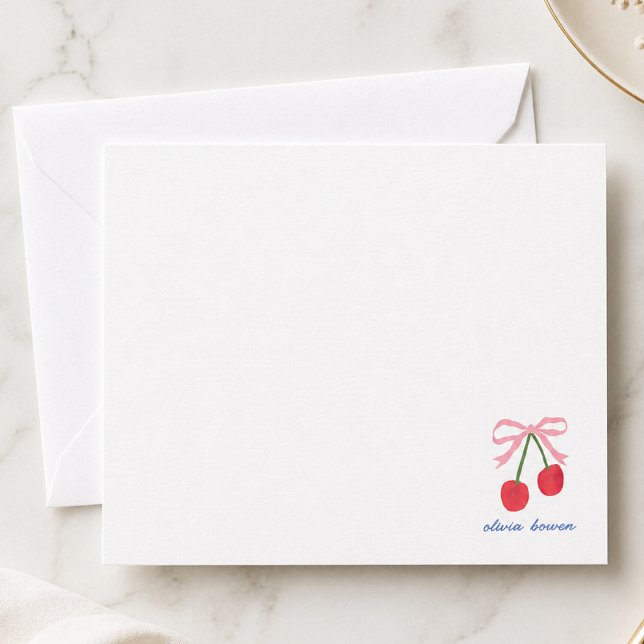 Anteckningskort | Körsbärssnurrig slinga Söt illus (A cute design note card with coquette bow & cherries, perfect for thank yous & everyday note writing)
