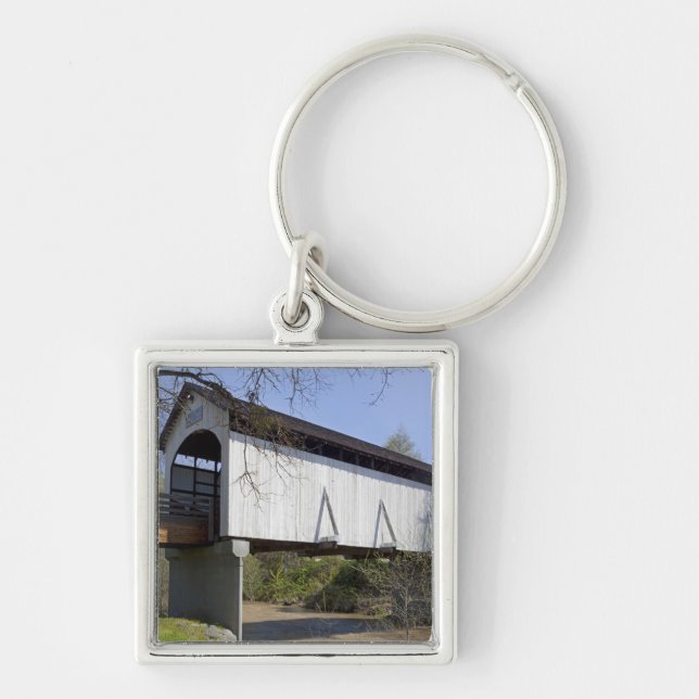 Antelope Creek Covered Bridge, byggd 1922 Fyrkantig Silverfärgad Nyckelring (Framsidan)