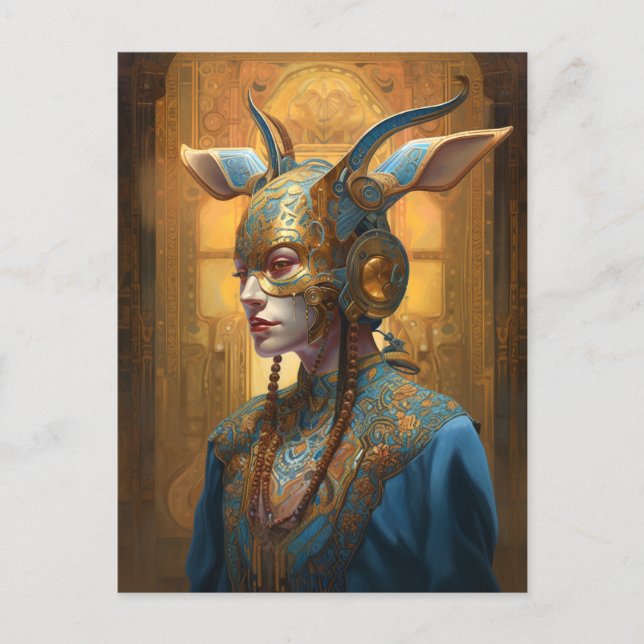 Antelope Mask Headdress Fantasy Blue Guld Vykort (Framsida)