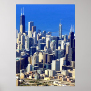Antennen beskådar av Chicago i city med sjön Poster
