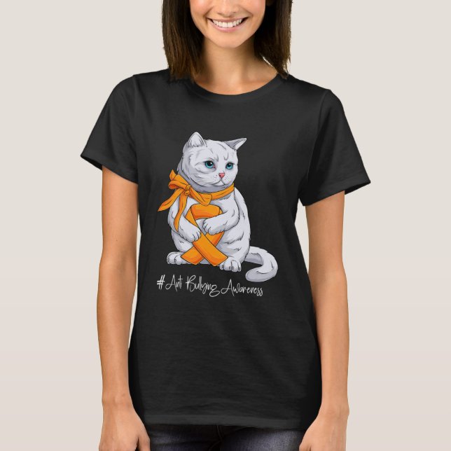 Anti Bullying Awareness Month Orange Ribbon Cat T Shirt (Framsida)