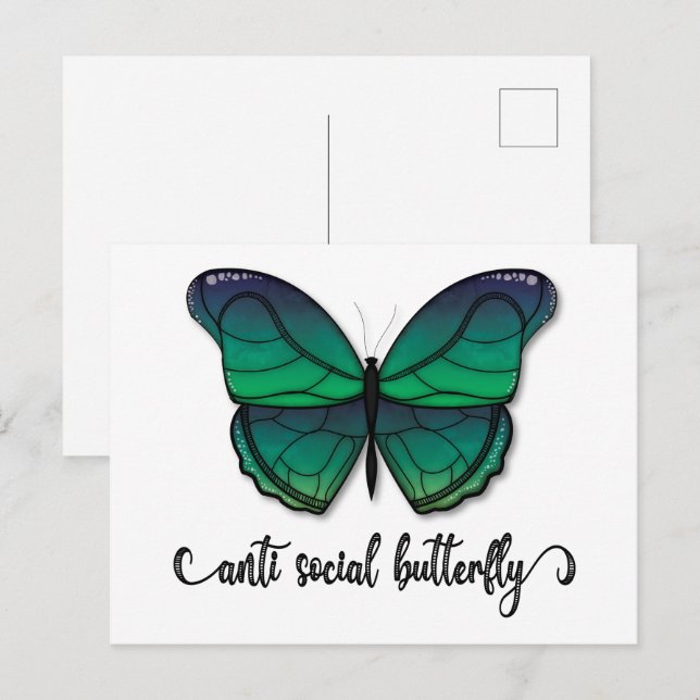 Anti-Social Grönt Butterfly Vykort (Fram/baksida)