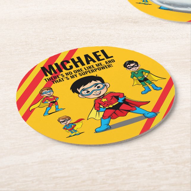 ANTI-STRESS KIDS HERO SUPERHERO POWER TEAM UNDERLÄGG PAPPER RUND (Vinklad)