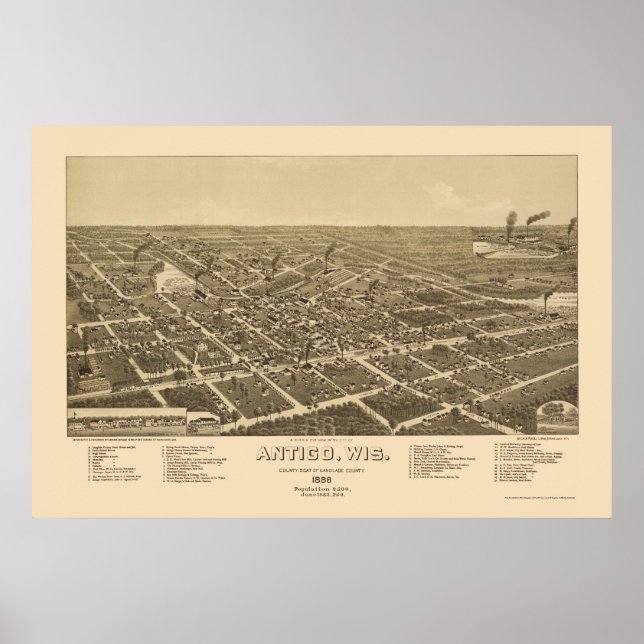 Antigo, WI Panoramic Karta - 1886 Poster (Framsidan)