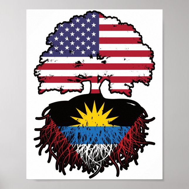 Antigua Antiguan American USA Träd Roots Flagga Poster (Framsidan)