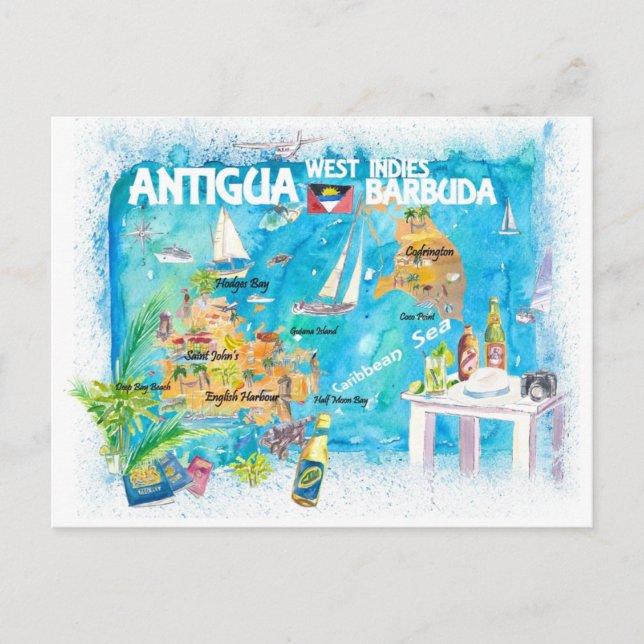 Antigua Barbuda Antilles Illustrated Caribbean Vykort (Framsida)