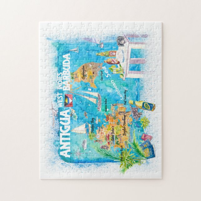 Antigua & Barbuda Västers Indies Travel Karta Puzz Pussel (Vertikal)