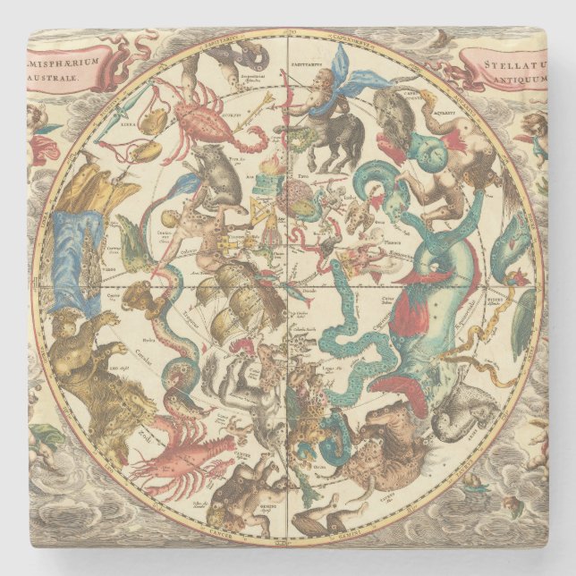 Antik 1660 Södra hemisfär stjärnkarta Stenunderlägg (Framsidan)