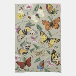 Antik 1842 Fjäril Moth Botanisk Blommig Konst Kökshandduk