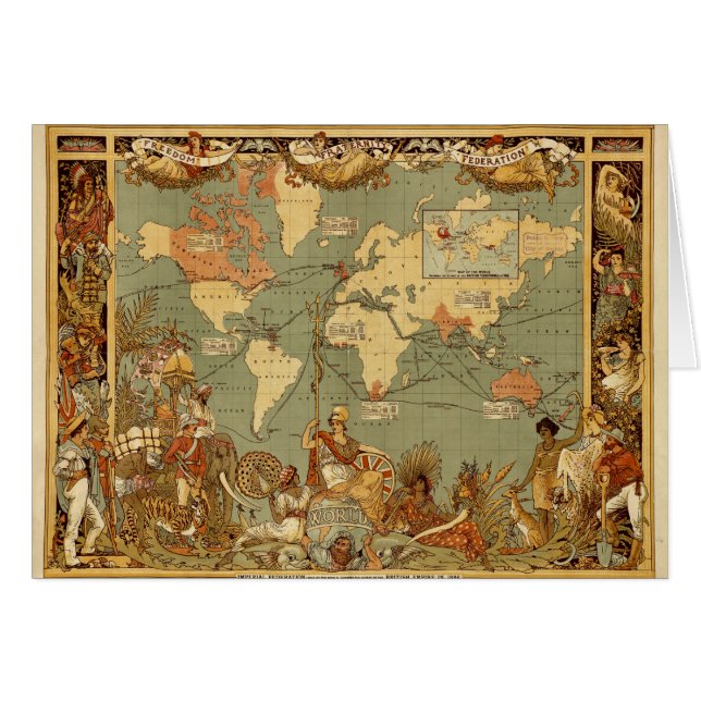Antik 1886 världskarta brittiska imperiet affisch hälsningskort (Framsidan Horizontal)