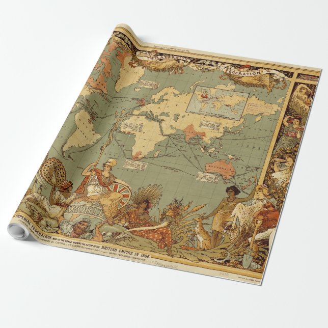 Antik 1886 världskarta brittiska imperiet affisch presentpapper (Utrullad)
