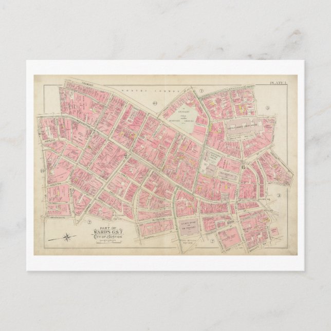 Antik 1895 karta över Downtown Boston vykort (Framsida)
