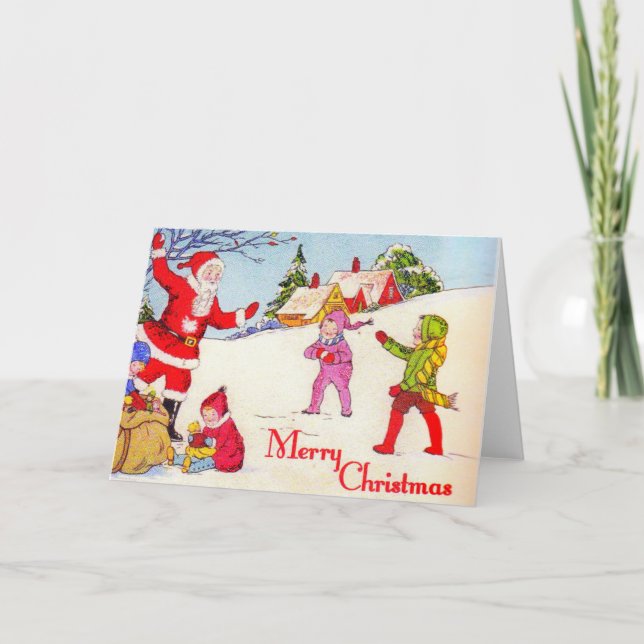 Antik 1940-tal Barn leker med Tomten Helgkort (Framsida)