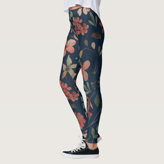Antik akvarelltryck Blommotiv på marinblått Leggings (Vänster)