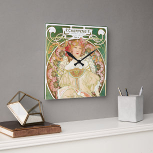 Antik Art Nouveau, Champenois av Alphonse Mucha Fyrkantig Klocka