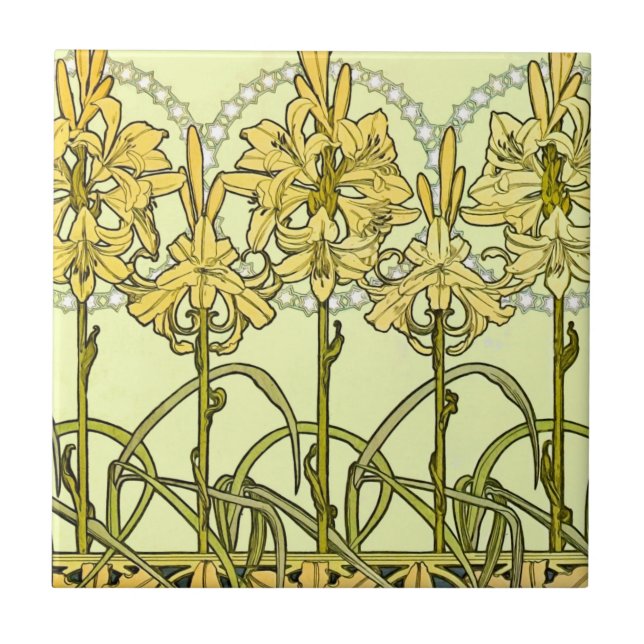 Antik Art Nouveau-liljemönster av Alphonse Mucha Kakelplatta (Framsidan)
