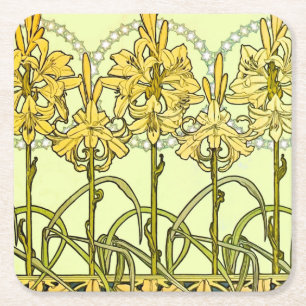 Antik Art Nouveau-liljemönster av Alphonse Mucha Underlägg Papper Kvadrat