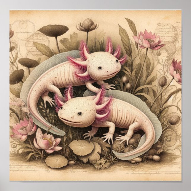 Antik Axolotl-affisch med vetenskaplig växt  Poster (Framsidan)