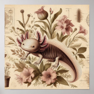 Antik Axolotlteckning Med Akvatiska Blommor Etiket Poster