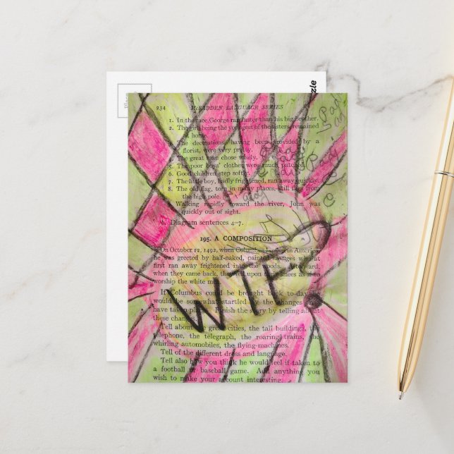 Antik Barnbok Blandteknik Collage Vykort (Fram/Back In Situ)