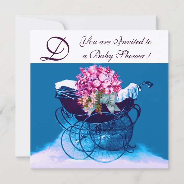 ANTIK BARNVAGN MED BLOMMOR BABYSHOWER MONOGRAM INBJUDNINGAR (Framsida)