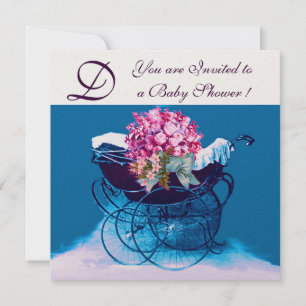 ANTIK BARNVAGN MED BLOMMOR BABYSHOWER MONOGRAM INBJUDNINGAR