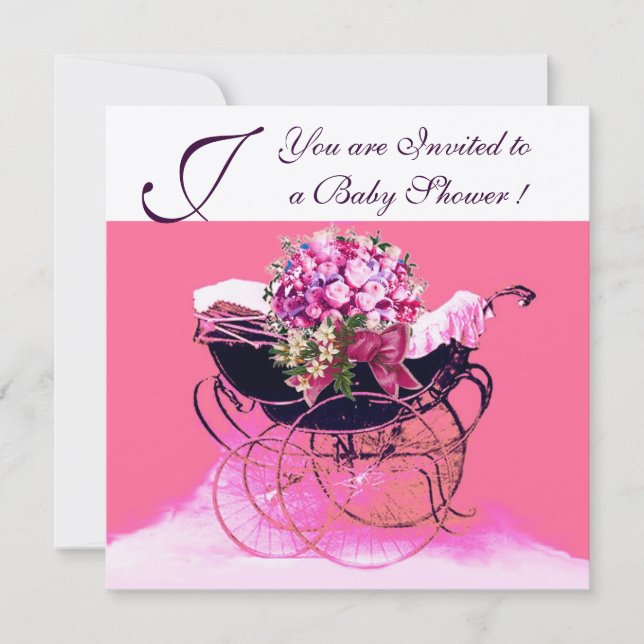 ANTIK BARNVAGN MED BLOMMOR BABYSHOWER MONOGRAM INBJUDNINGAR (Framsida)