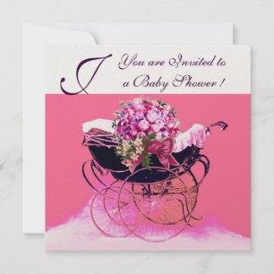 ANTIK BARNVAGN MED BLOMMOR BABYSHOWER MONOGRAM INBJUDNINGAR