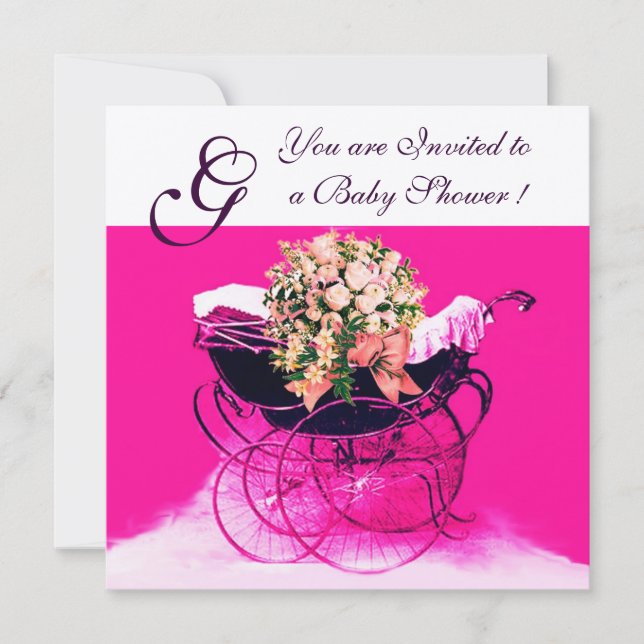 ANTIK BARNVAGN MED BLOMMOR BABYSHOWER MONOGRAM INBJUDNINGAR (Framsida)
