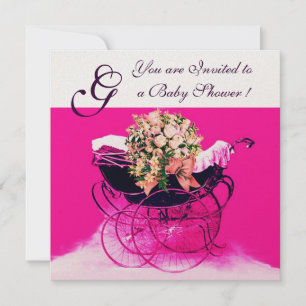 ANTIK BARNVAGN MED BLOMMOR BABYSHOWER MONOGRAM INBJUDNINGAR