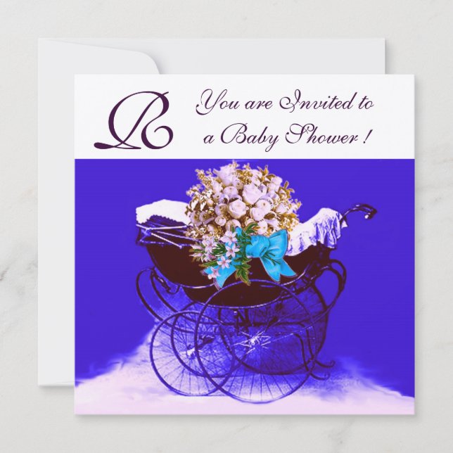 ANTIK BARNVAGN MED BLOMMOR BABYSHOWER MONOGRAM INBJUDNINGAR (Framsida)
