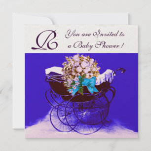 ANTIK BARNVAGN MED BLOMMOR BABYSHOWER MONOGRAM INBJUDNINGAR
