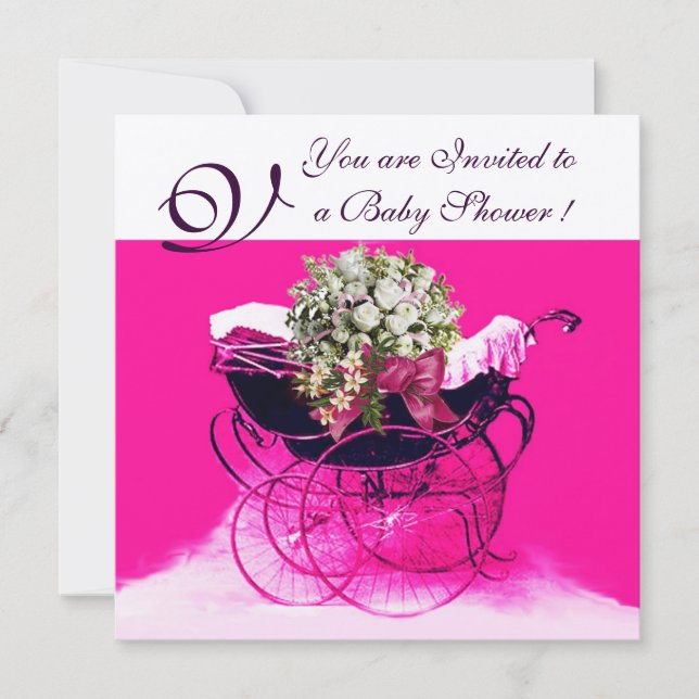 ANTIK BARNVAGN MED BLOMMOR BABYSHOWER MONOGRAM INBJUDNINGAR (Framsida)
