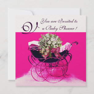 ANTIK BARNVAGN MED BLOMMOR BABYSHOWER MONOGRAM INBJUDNINGAR
