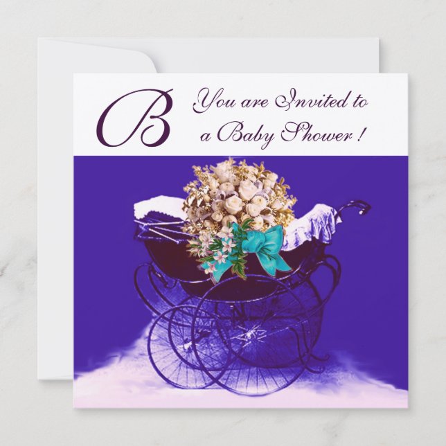 ANTIK BARNVAGN MED BLOMMOR BABYSHOWER MONOGRAM INBJUDNINGAR (Framsida)