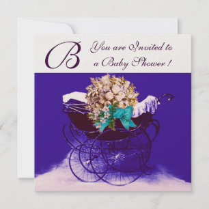 ANTIK BARNVAGN MED BLOMMOR BABYSHOWER MONOGRAM INBJUDNINGAR