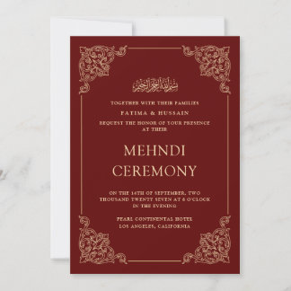 Antik barock guld burgunder röd Mehndi-ceremoni Inbjudningar