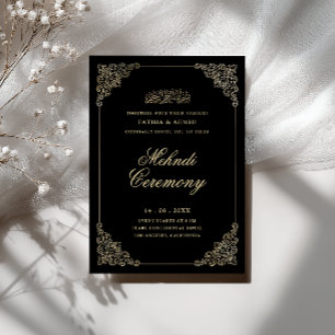 Antik barock guldskrift svart Mehndi-ceremoni Inbjudningar