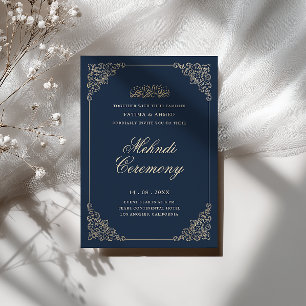 Antik barock ram Navy Blue Mehndi-ceremoni Inbjudningar