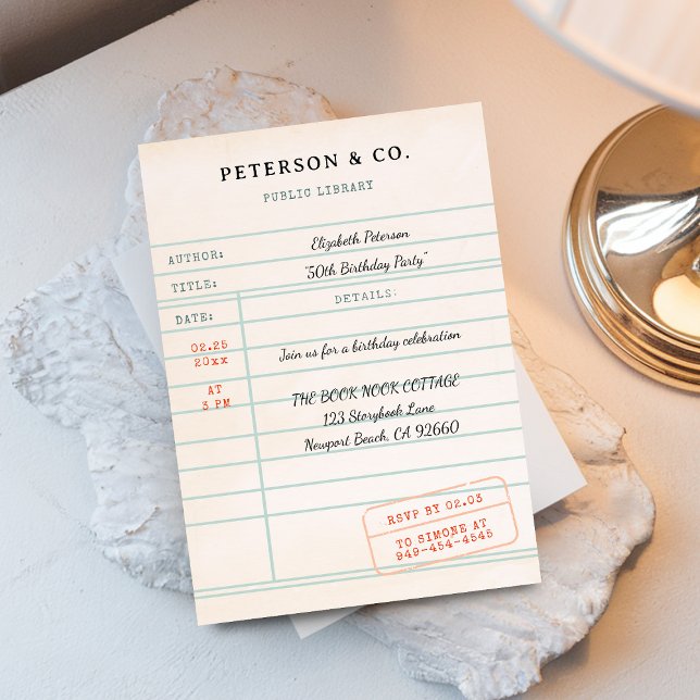 Antik Bibliotekskort Bokälskare Bokslagen Födelsed Inbjudningar (book lover birthday party invitation library card vintage bookworm literary librarian chic script)