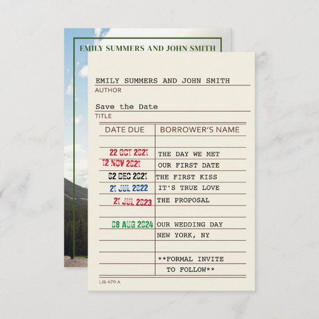 Antik bibliotekskort och bokomslag Spara datumet (Fram/baksida)