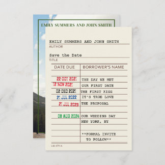 Antik bibliotekskort och bokomslag Spara datumet