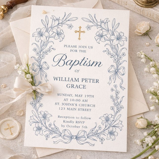 Antik Blå Blommig Dopinbjudan Suite Inbjudningar (Elegant blue floral baptism invitation for baby boy)