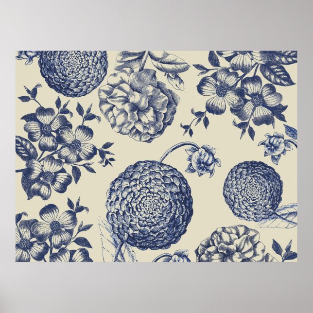 Antik Blå Blommtryck Blommig Poster (Framsidan)