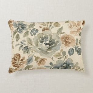 Antik blå brun salvia beige akvarellblommig prydnadskudde