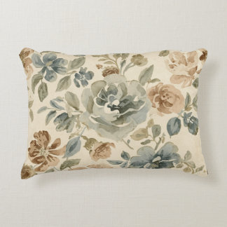 Antik blå brun salvia beige akvarellblommig prydnadskudde