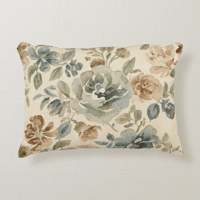 Antik blå brun salvia beige akvarellblommig prydnadskudde (Framsidan)