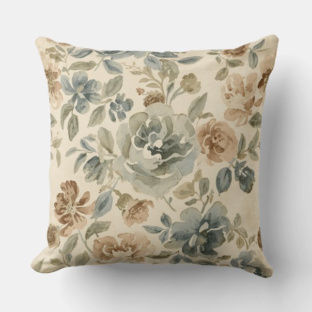 Antik blå brun salvia beige akvarellblommor kudde (Framsida)