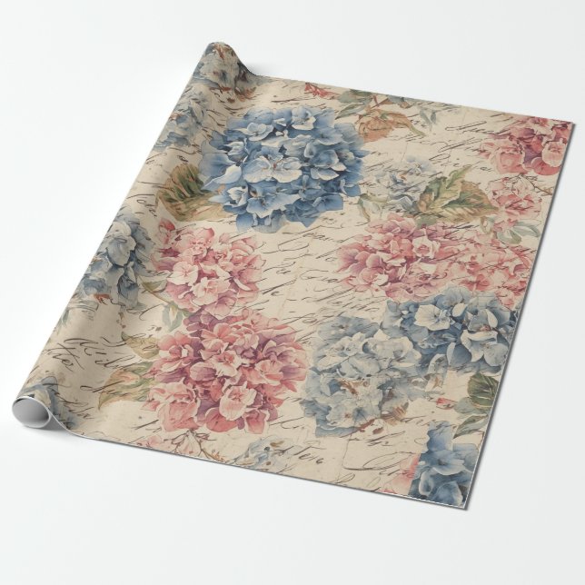 Antik blå och rosa hydrangea Efemär Skrift  Presentpapper (Utrullad)