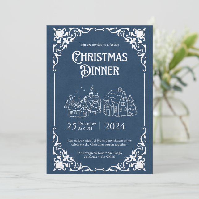 Antik blå och vit julmiddagsmall julkort (Stående Fram)
